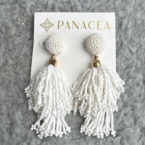 Rachel Zoe  PANACEA Tassel Earrings Beaded White Dangle Summer Vibe Resort - Picture 2 of 5
